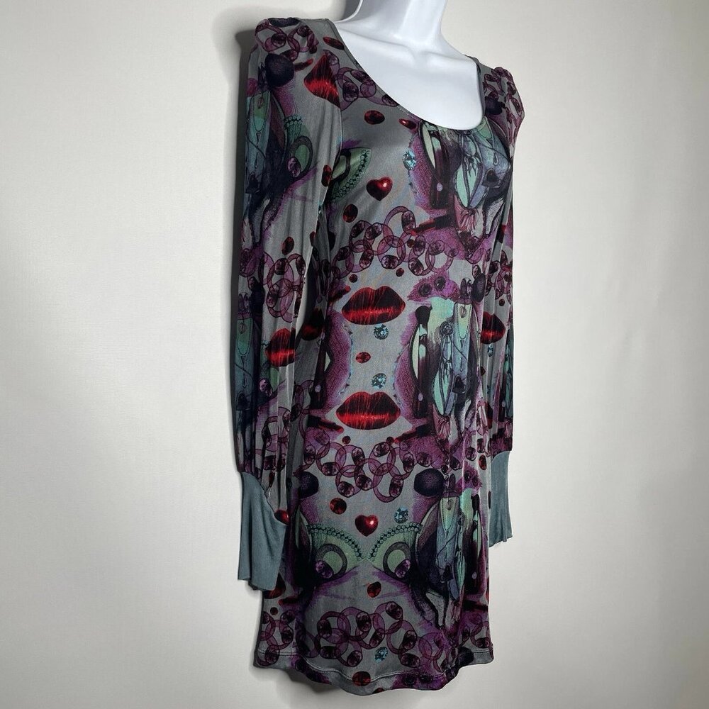 Vintage Y2K Custo Barcelona Graphic Mesh Dress Size S Gray Purple Lips Hearts - Picture 3 of 10